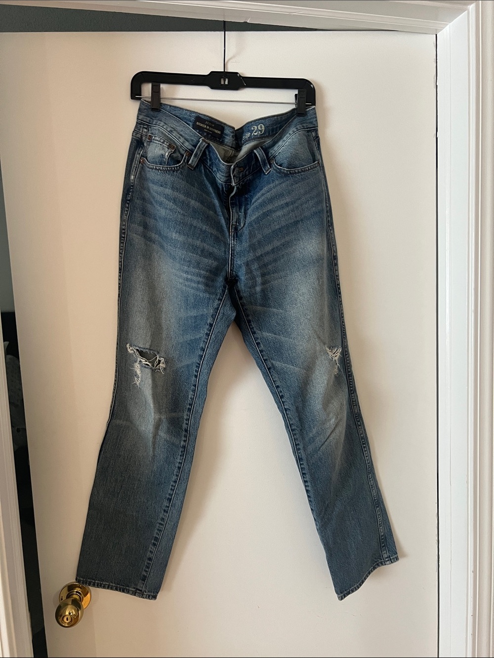 Women’s J.Crew Classic Distressed Straight-Leg “Broken In BF Jeans in Faded Blue